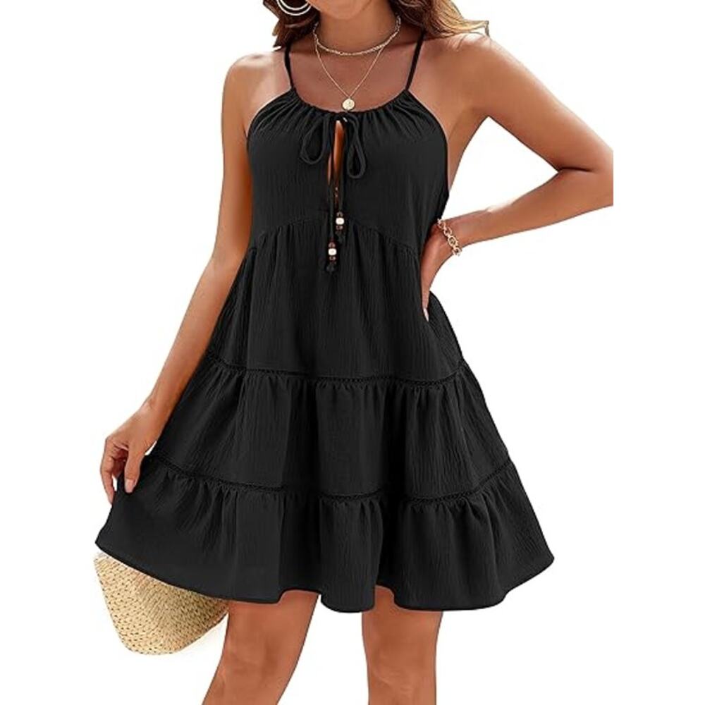 NWT BMJL Large Black Flowy Spaghetti Strap Eyelet Cover Up/Sun Dress [0021]
